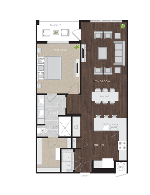 Floor plan for 1 bed, 1 bath, 1048 sqft